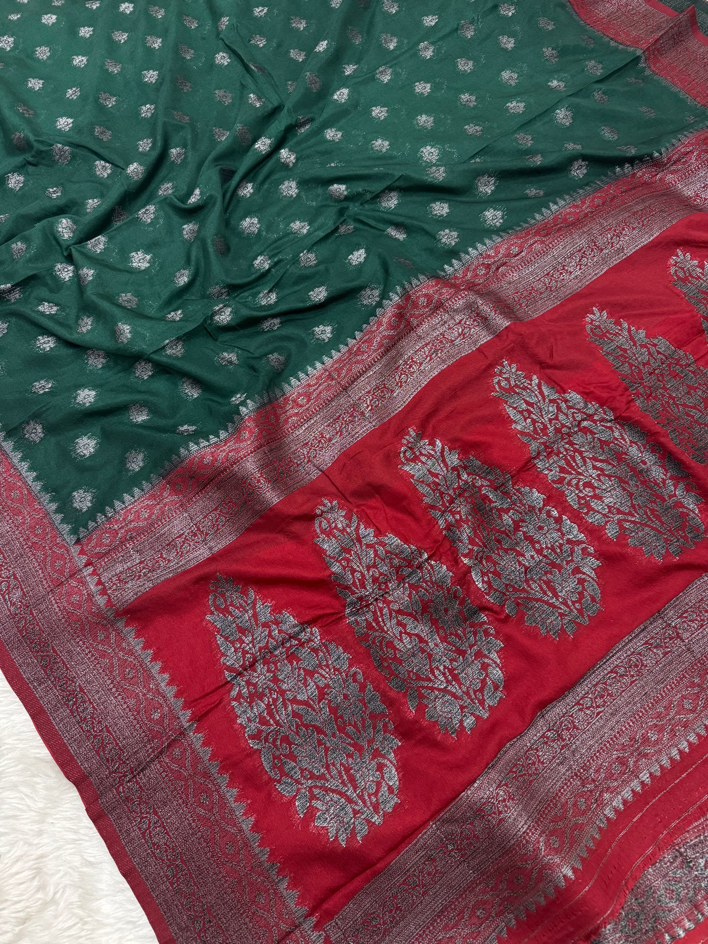 Bottle Green to Maroon Banarasi Crepe Georgette Saree