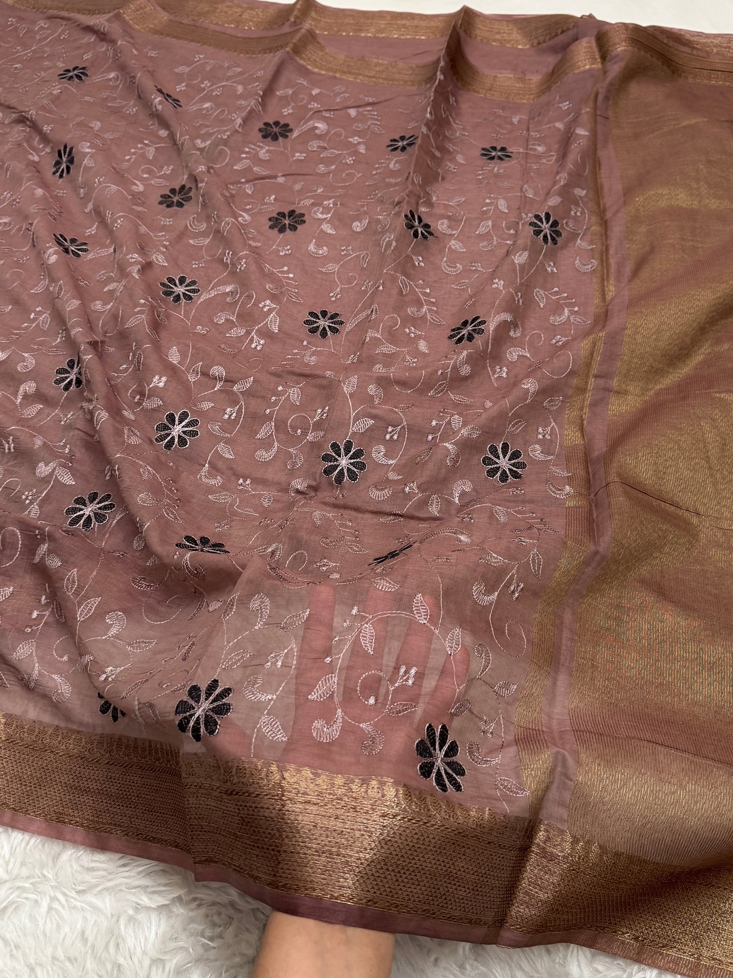 Mauve Brown Mul Chanderi Chikankari Saree