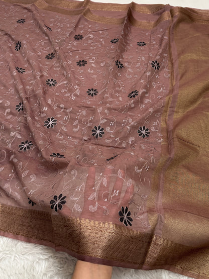 Mauve Brown Mul Chanderi Chikankari Saree