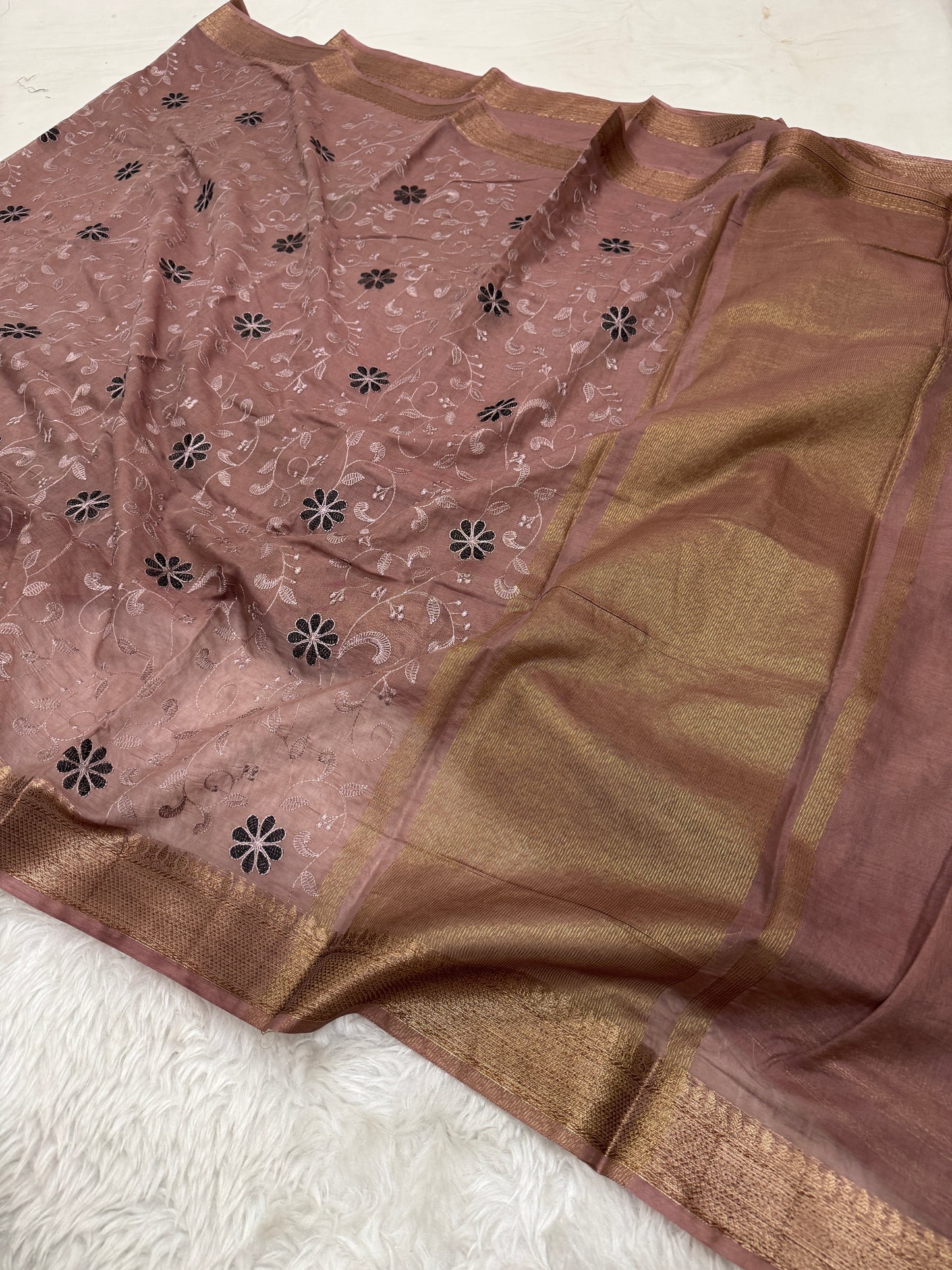 Mauve Brown Mul Chanderi Chikankari Saree