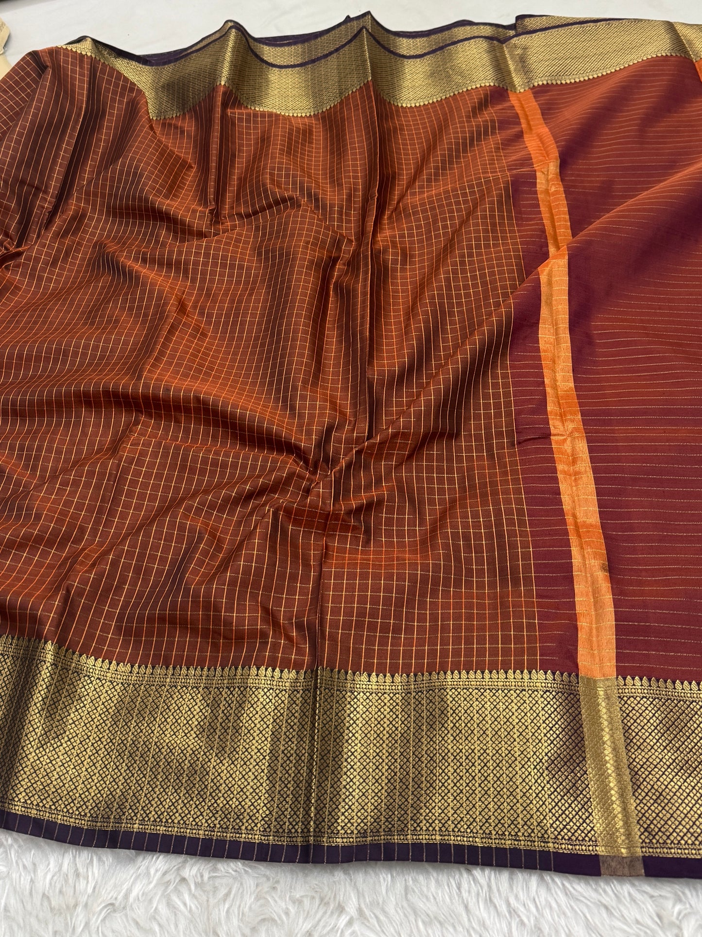 Rust Orange Semi Kanchipuram Silk Checks Saree