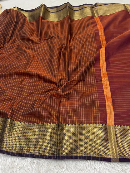Rust Orange Semi Kanchipuram Silk Checks Saree