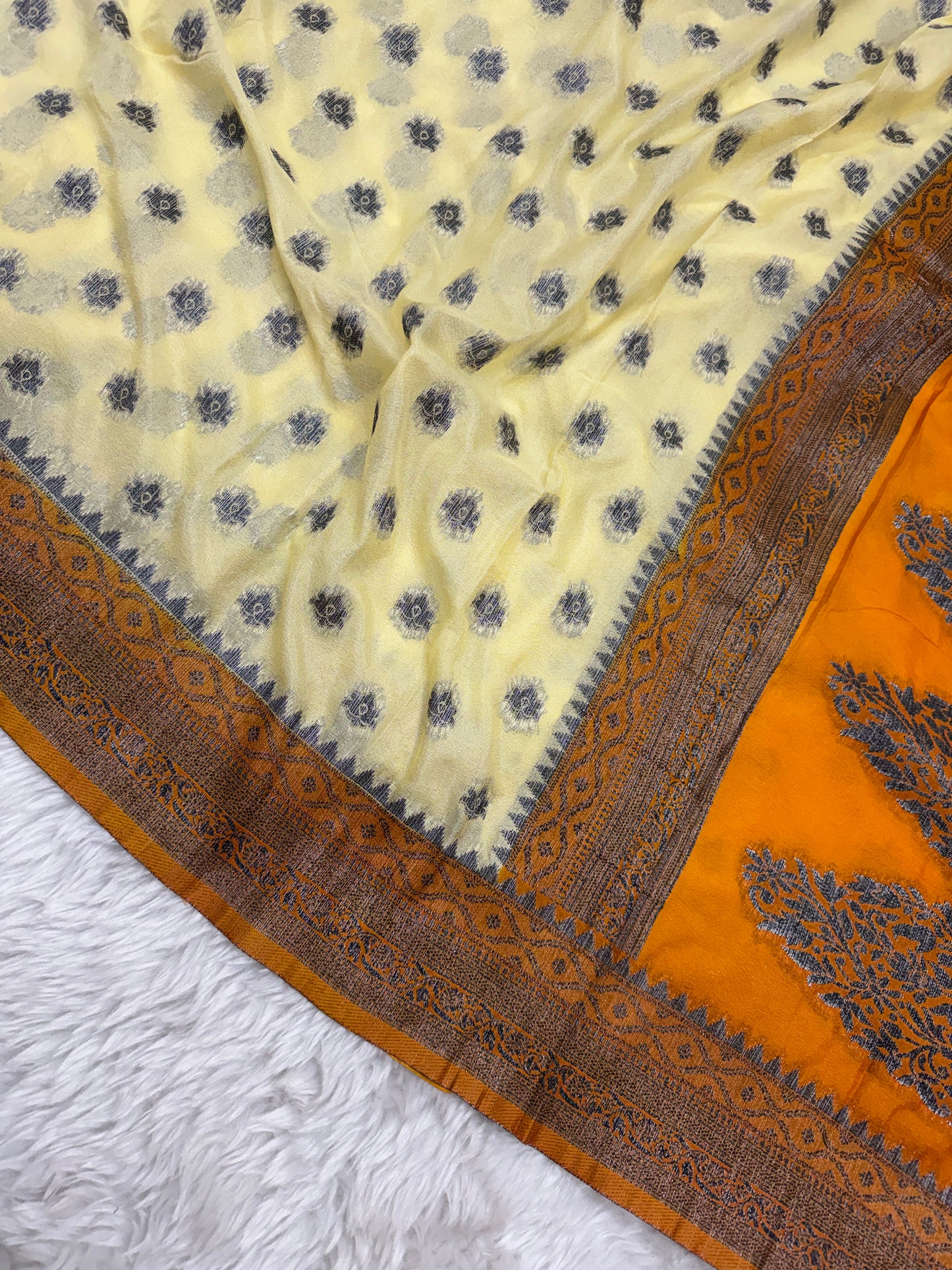 Lemon Yellow to Mustard Banarasi Crepe Georgette Saree