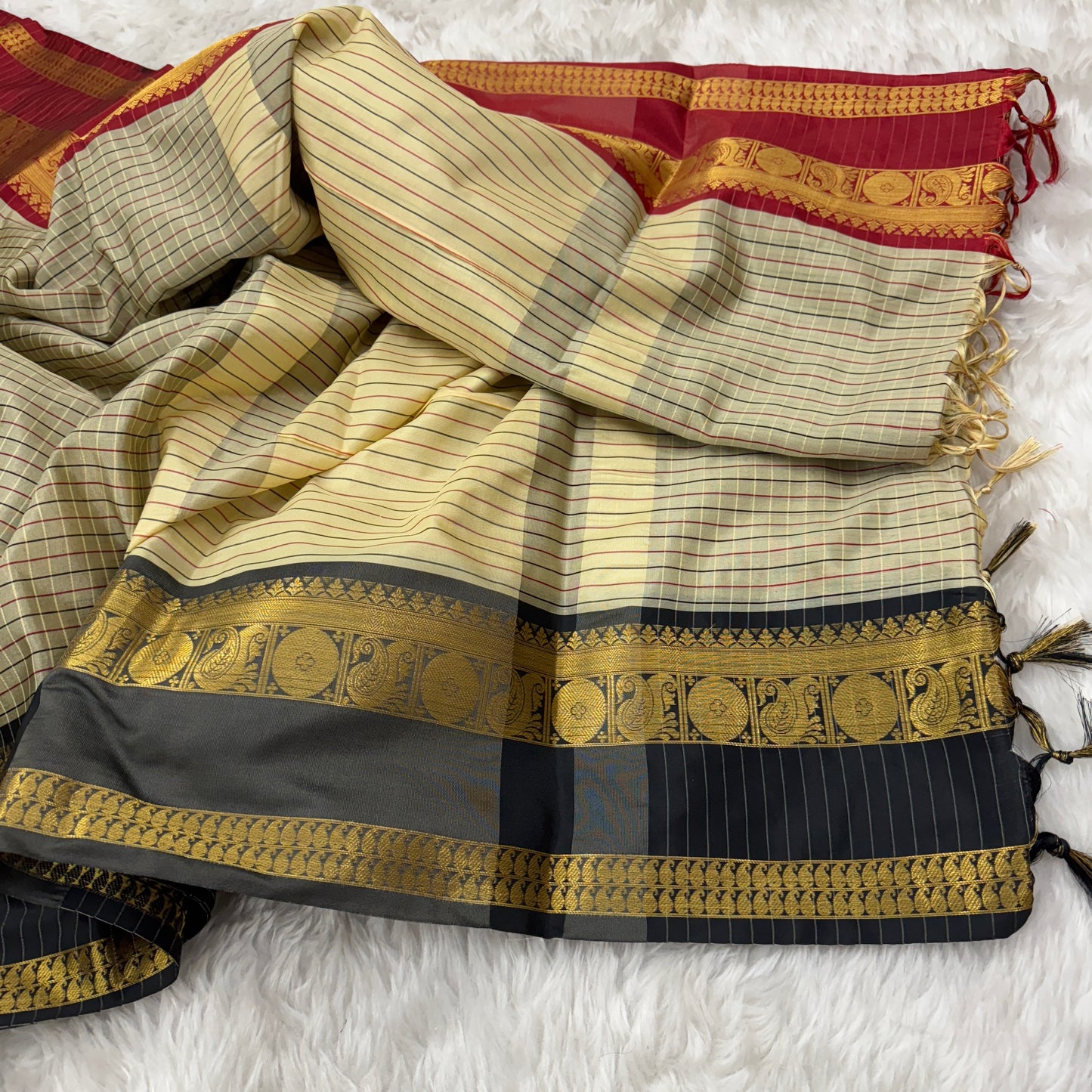 Black and Red Border Cream Checked Pattern Kanjivaram Semi Soft Silk Saree