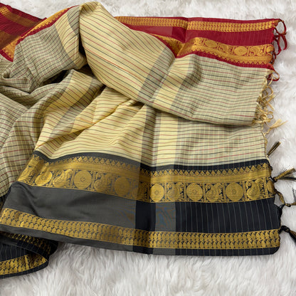 Black and Red Border Cream Checked Pattern Kanjivaram Semi Soft Silk Saree