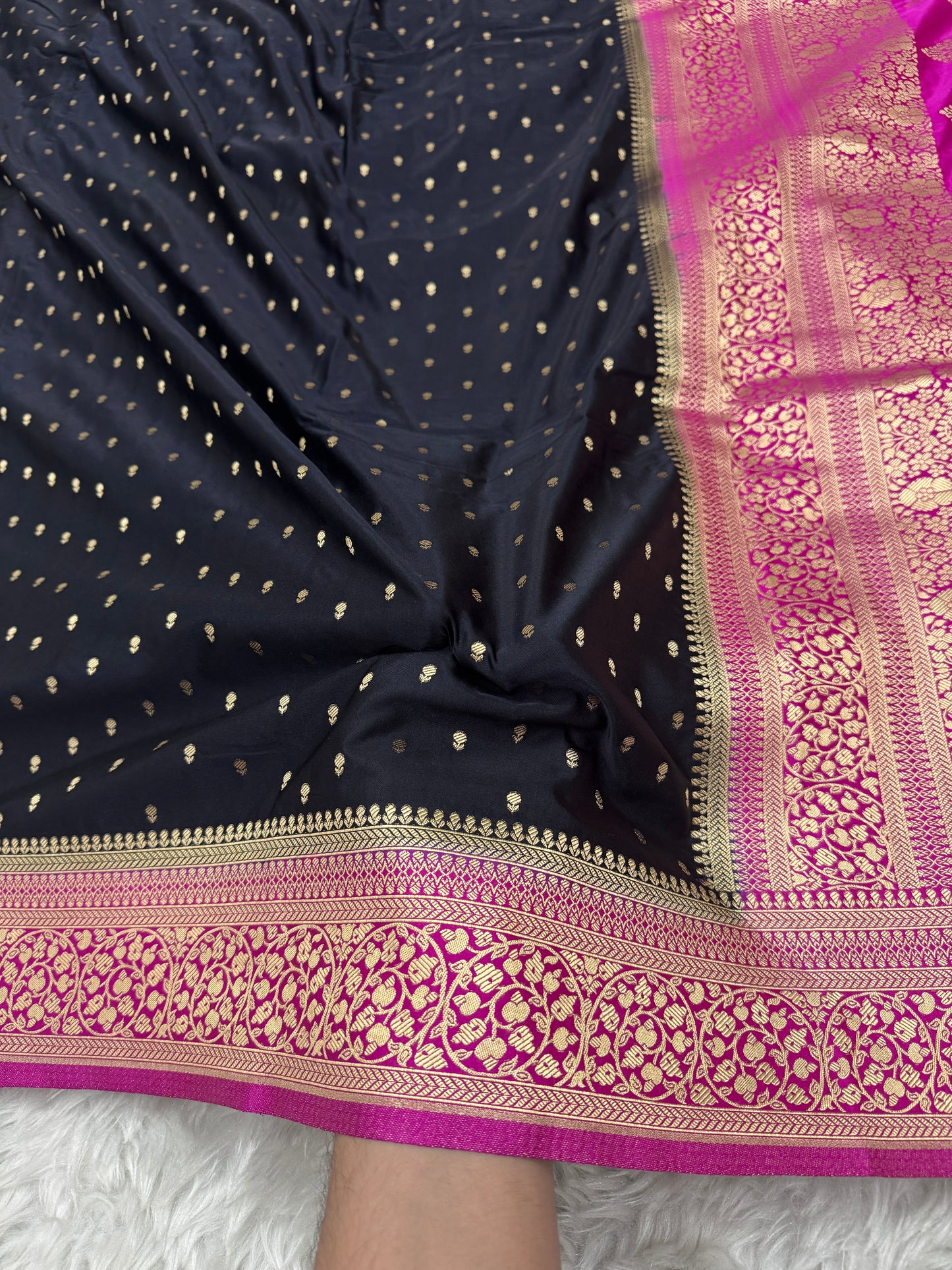 Black to Rani Pink Banarasi Mashru Silk Saree