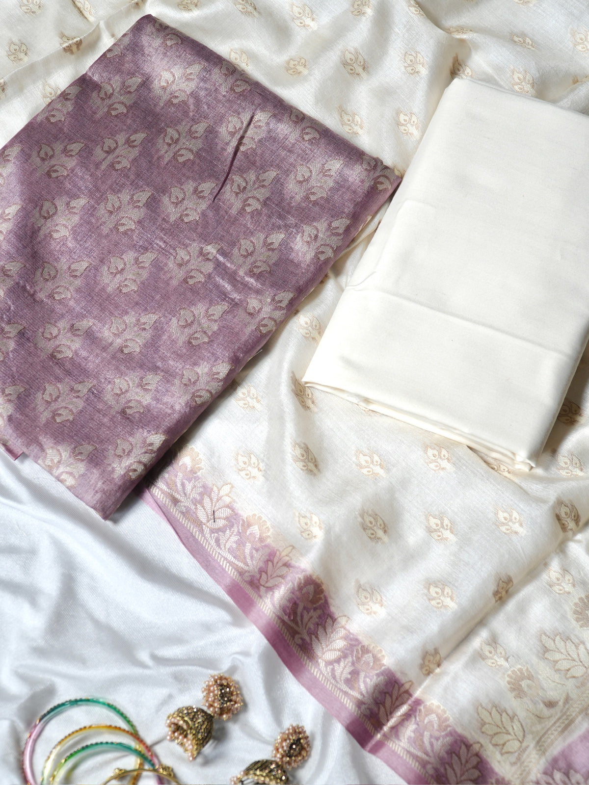 Dusty Mauve and Off White Banarasi Pure Tussar Silk Suit Set
