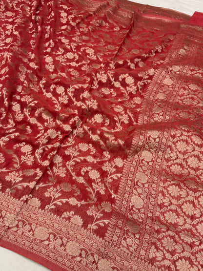 Rust Red Banarasi Viscose Khaddi Georgette Saree