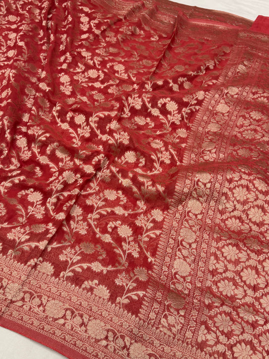Rust Red Banarasi Viscose Khaddi Georgette Saree