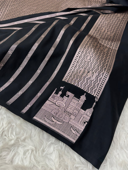 Classic Black Kashi Ghat Banarasi Satin Katan Silk Saree