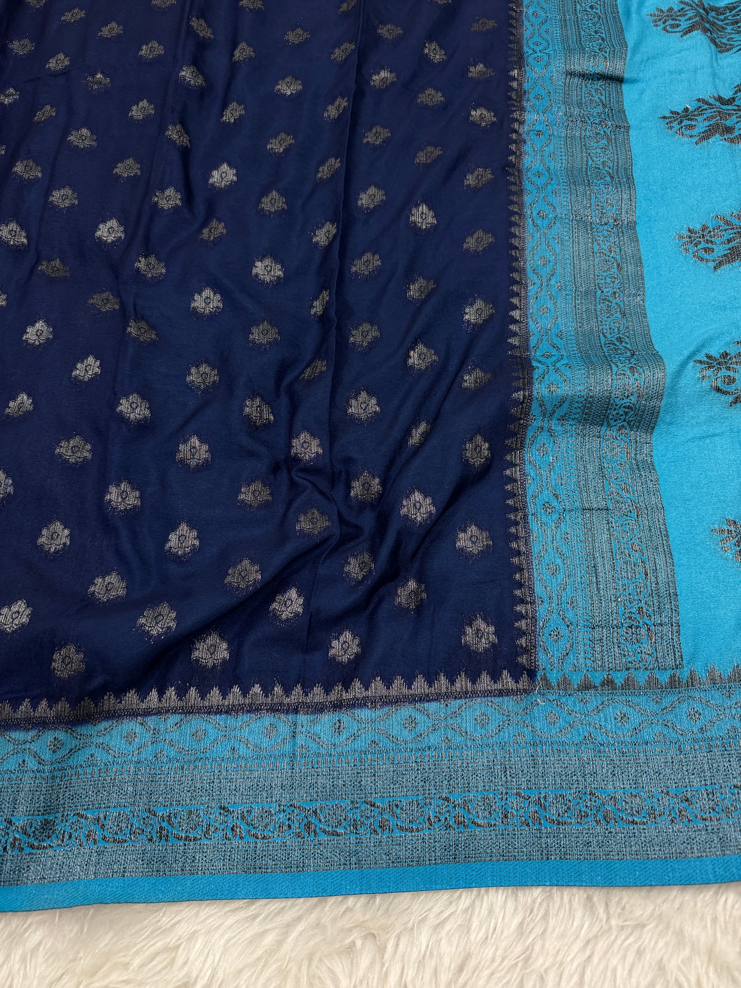 Navy Blue to Firozi Banarasi Crepe Georgette Saree