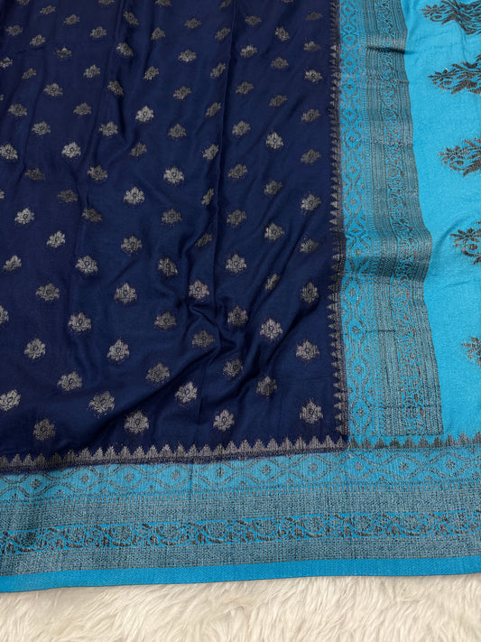 Navy Blue to Firozi Banarasi Crepe Georgette Saree