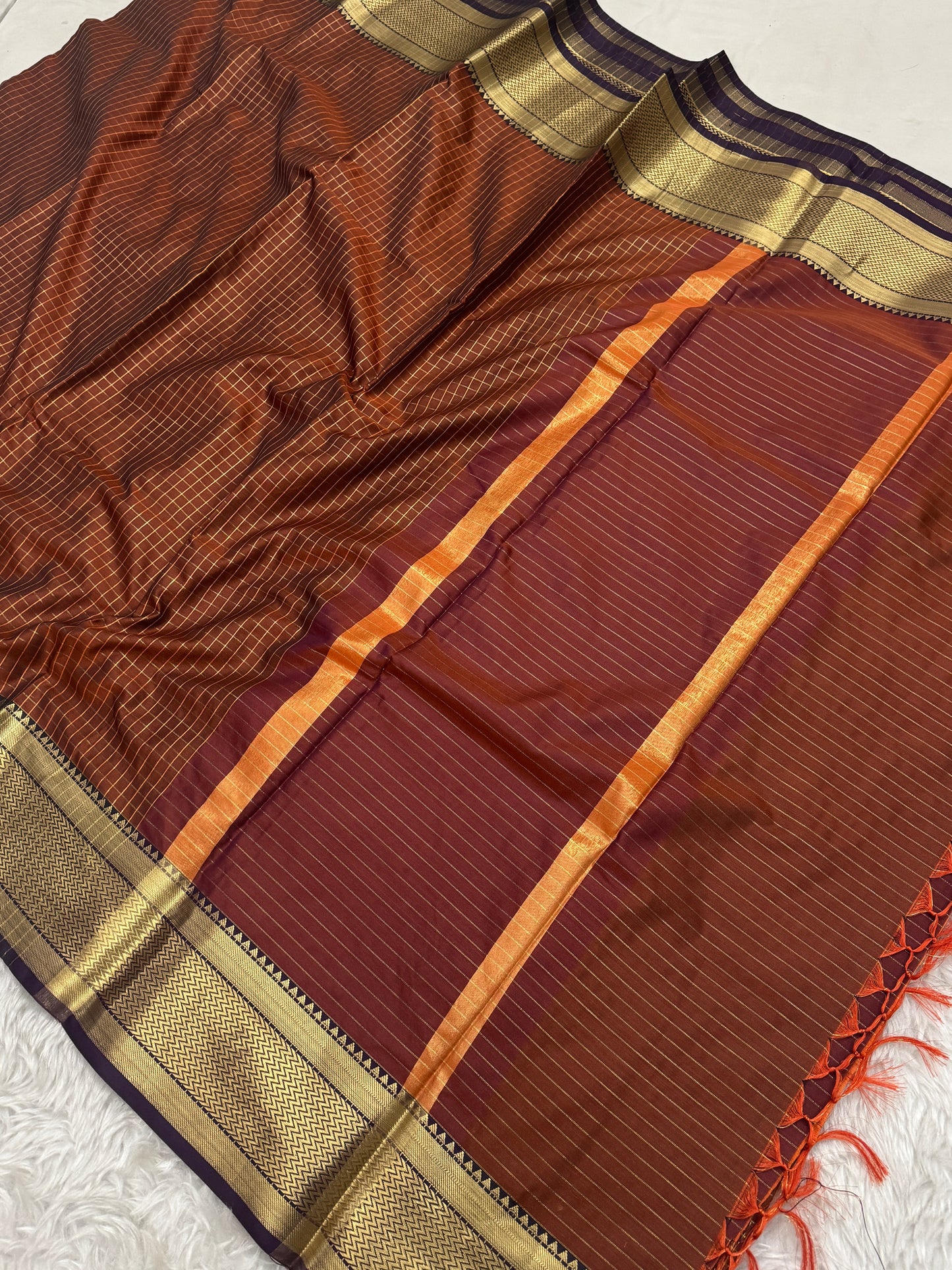 Rust Orange Semi Kanchipuram Silk Checks Saree