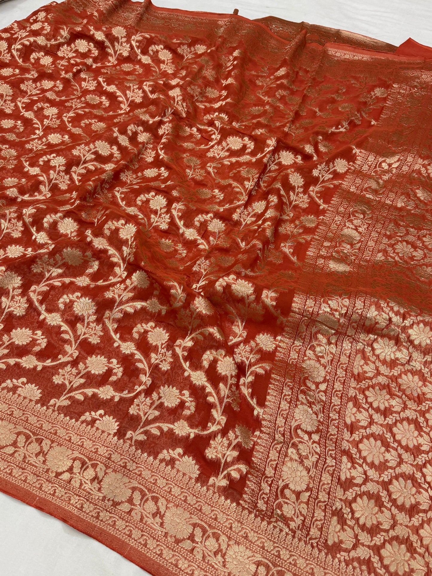 Rust Orange Banarasi Viscose Khaddi Georgette Saree