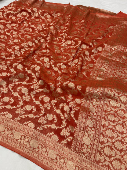 Rust Orange Banarasi Viscose Khaddi Georgette Saree