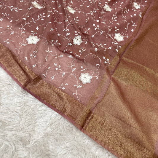 Mauve Brown Mul Chanderi Chikankari Saree
