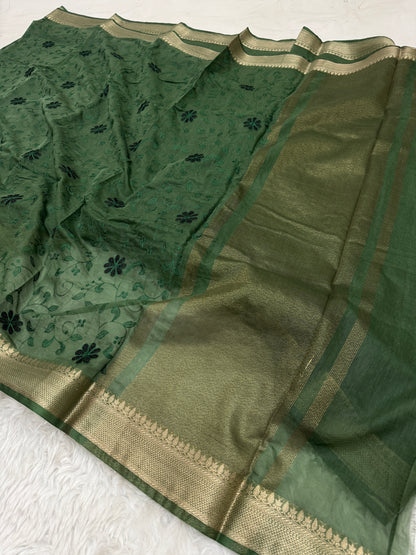 Bottle Green Mul Chanderi Chikankari Saree