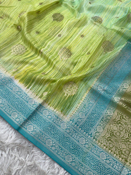 Lime Green and Ocean Teal Banarasi Handbrush Organza Crepe Silk Saree