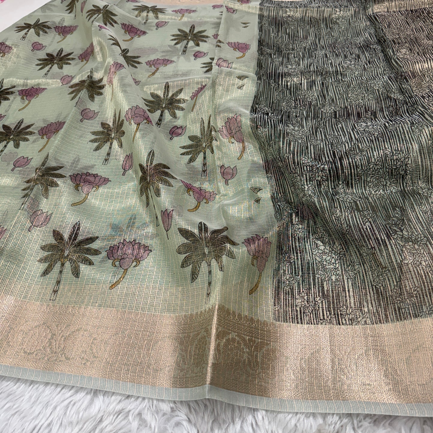 Mint Green Banarasi Kota Check Tissue Silk Printed Saree