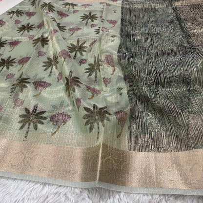 Mint Green Banarasi Kota Check Tissue Silk Printed Saree