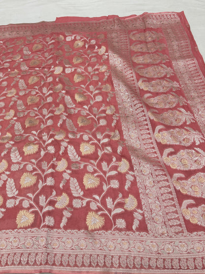 Rose Pink Banarasi Viscose Khaddi Georgette Saree