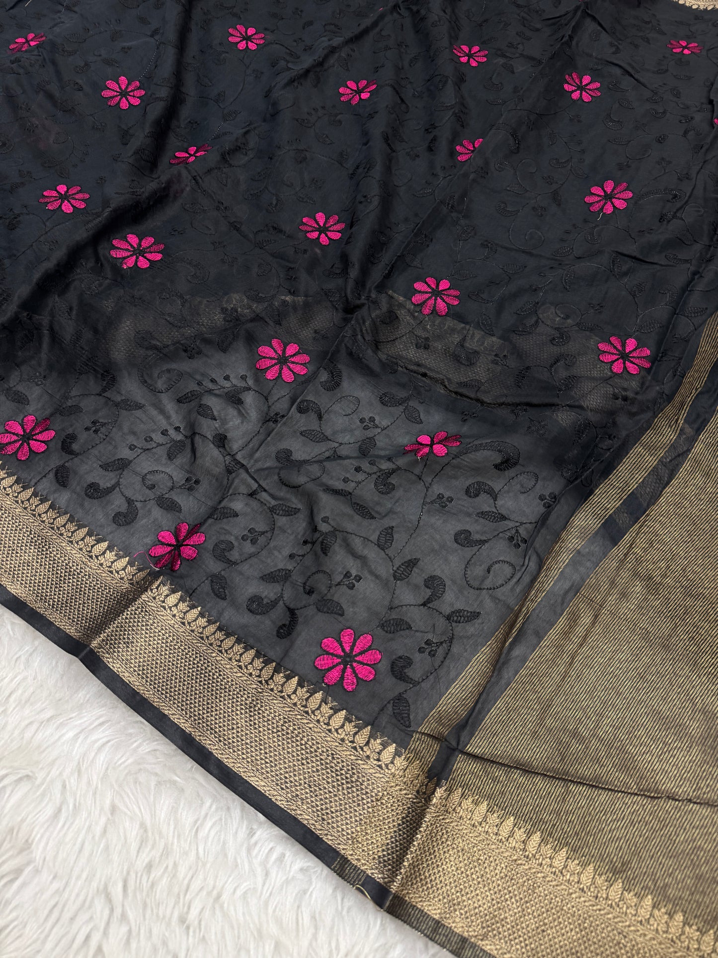 Black Mul Chanderi Chikankari Saree