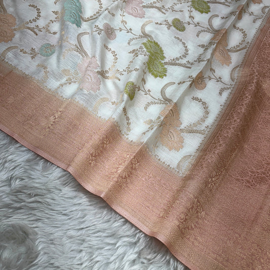 Off White to Peach Banarasi Meenakari Jaal Semi Tussar Silk Saree