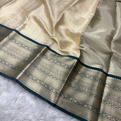 Off White to Bottle Green Kanjivaram Silk Saree
