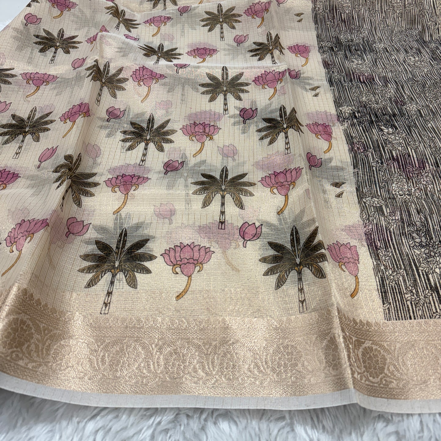 Beige Gold Banarasi Kota Check Tissue Silk Printed Saree