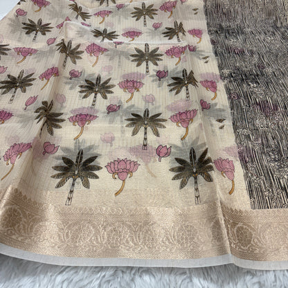 Beige Gold Banarasi Kota Check Tissue Silk Printed Saree