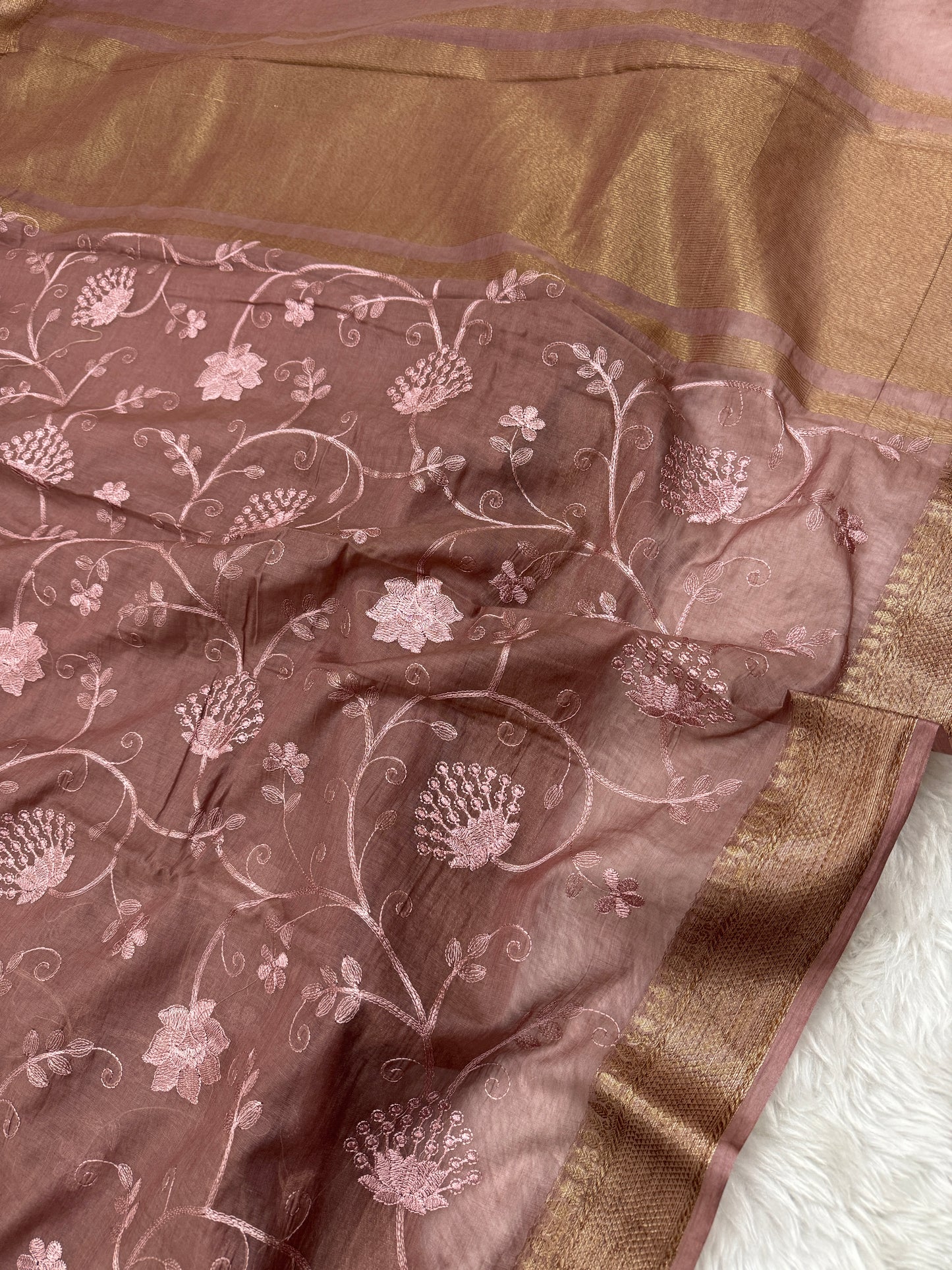 Mauve Brown Mul Chanderi Chikankari Saree