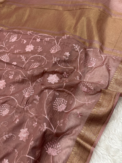 Mauve Brown Mul Chanderi Chikankari Saree