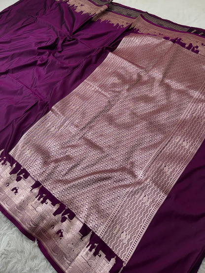 Deep Wine Kashi Ghat Banarasi Satin Katan Silk Saree