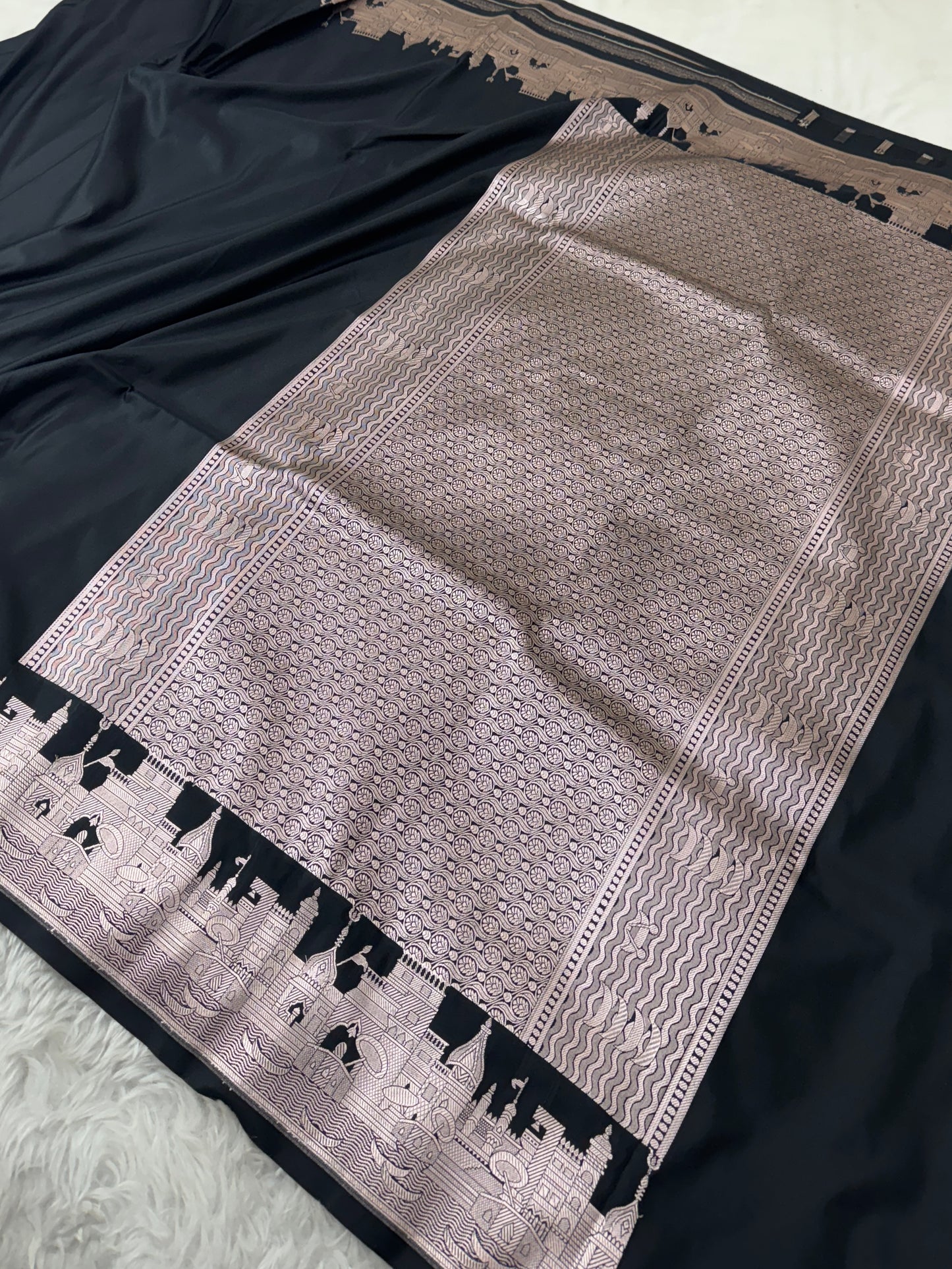 Classic Black Kashi Ghat Banarasi Satin Katan Silk Saree