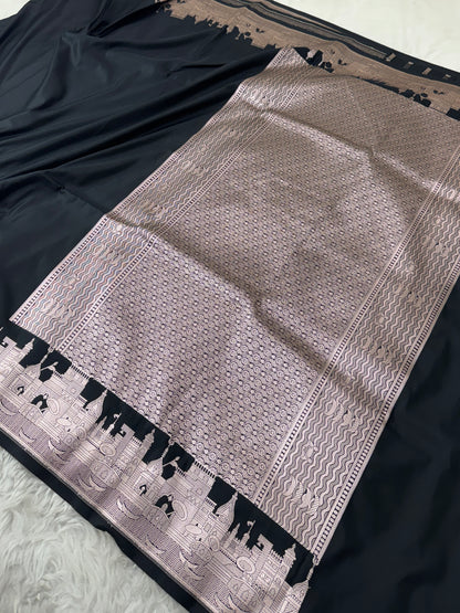 Classic Black Kashi Ghat Banarasi Satin Katan Silk Saree