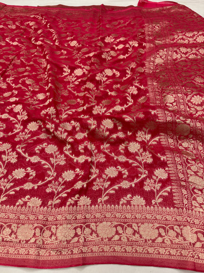 Crimson Red Banarasi Viscose Khaddi Georgette Saree