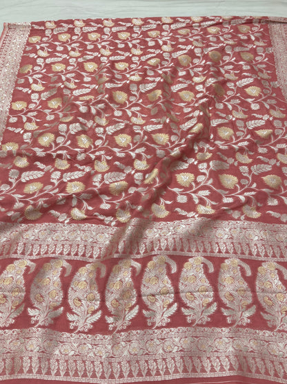 Rose Pink Banarasi Viscose Khaddi Georgette Saree