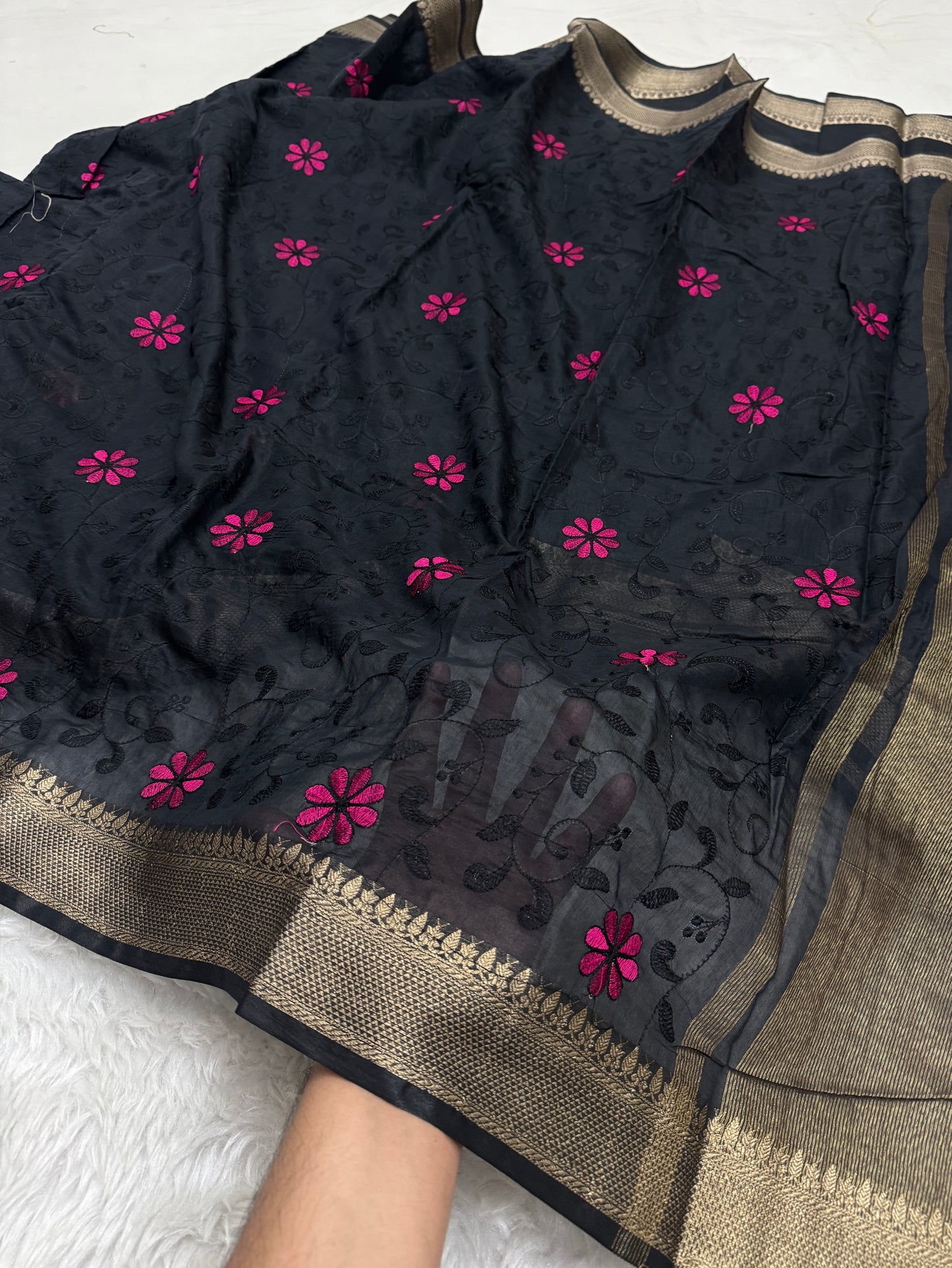 Black Mul Chanderi Chikankari Saree