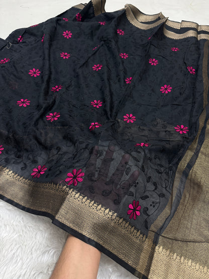 Black Mul Chanderi Chikankari Saree