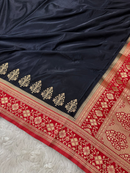 Black to Deep Red Banarasi Mashru Silk Saree
