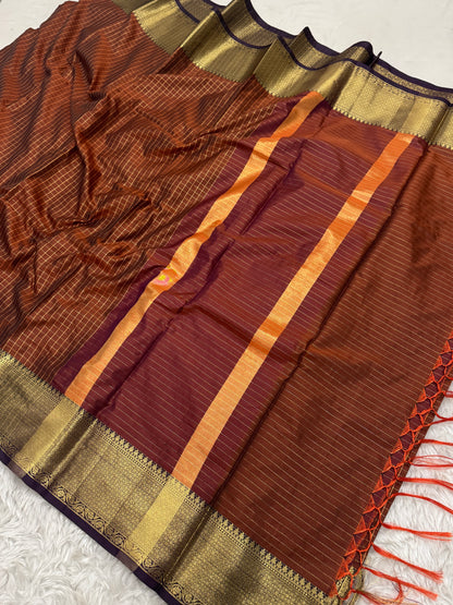 Rust Orange Semi Kanchipuram Silk Checks Saree