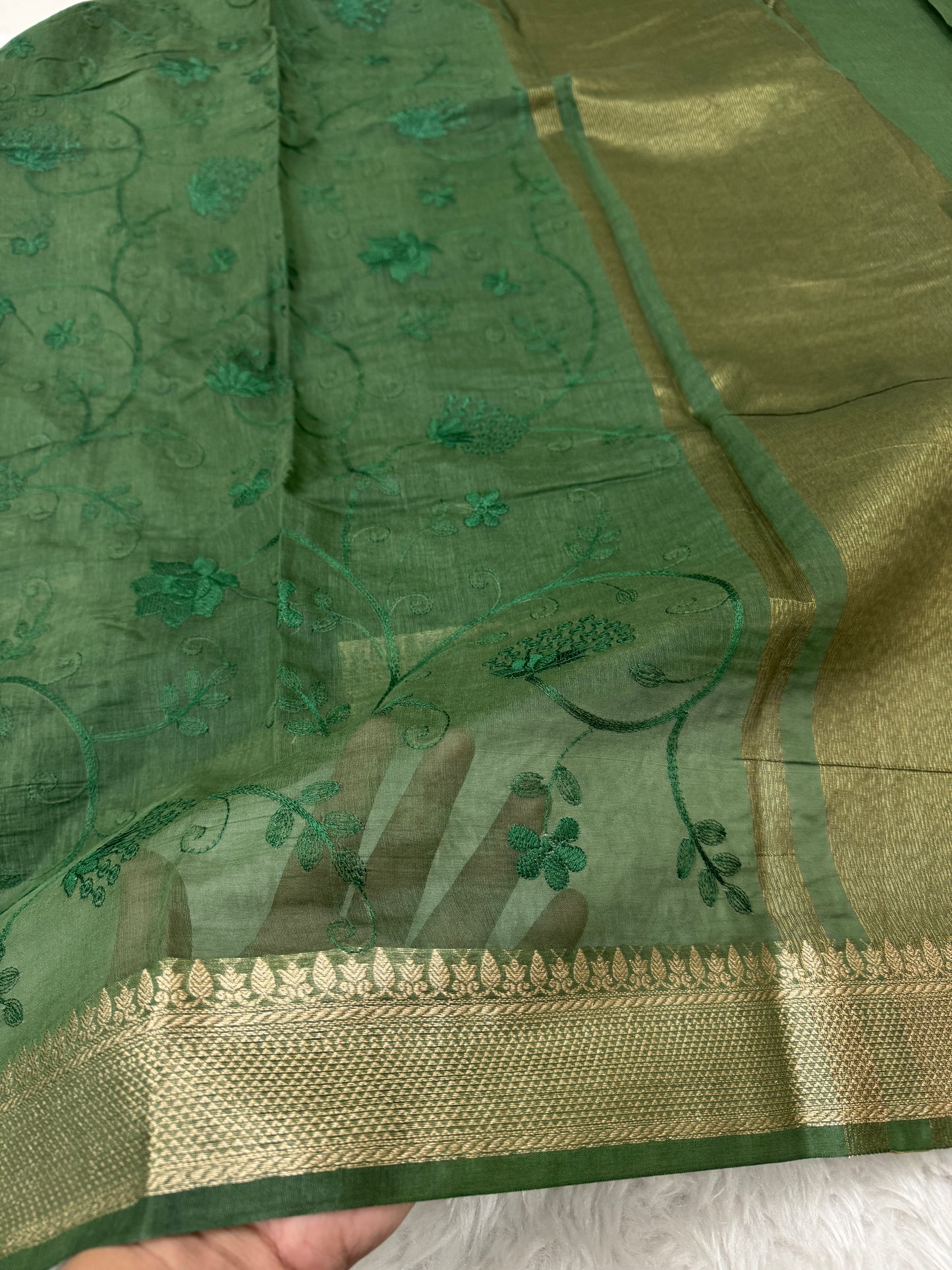 Green Mul Chanderi Chikankari Saree