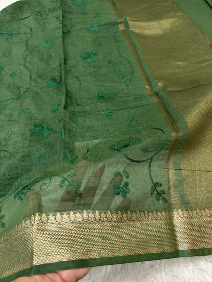 Green Mul Chanderi Chikankari Saree