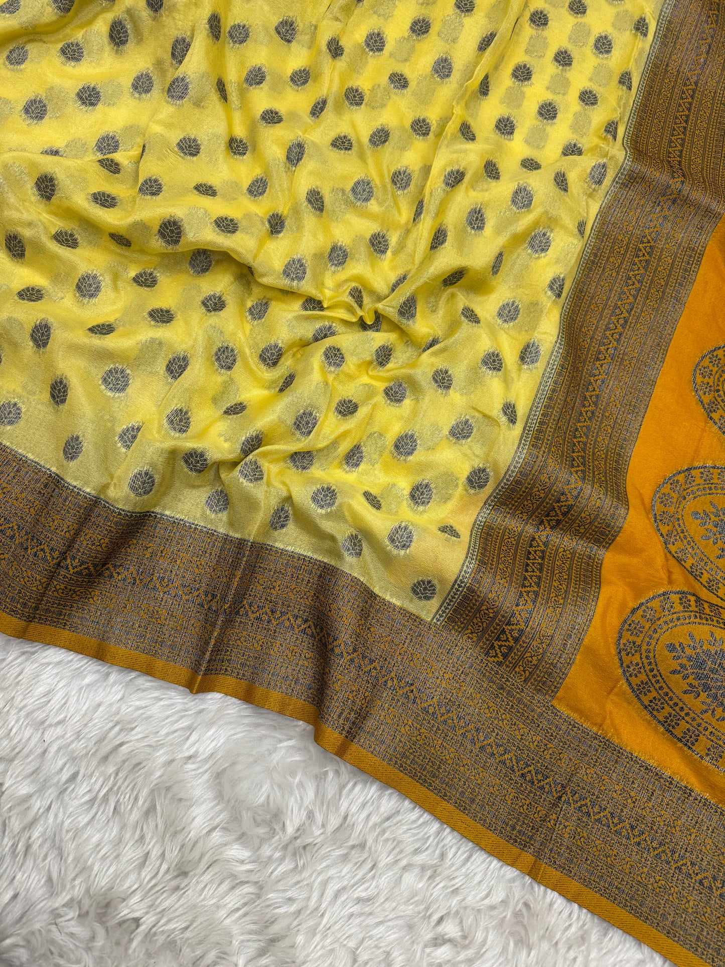 Lemon Yellow to Mustard Banarasi Crepe Georgette Saree