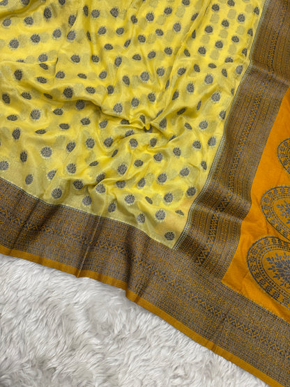 Lemon Yellow to Mustard Banarasi Crepe Georgette Saree