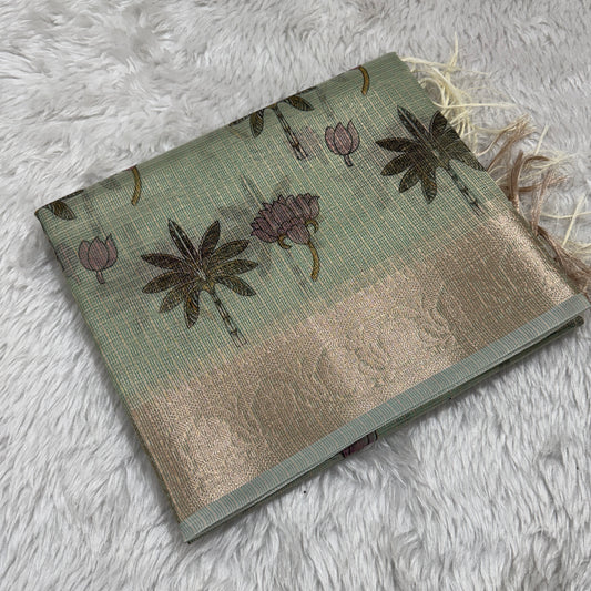 Mint Green Banarasi Kota Check Tissue Silk Printed Saree