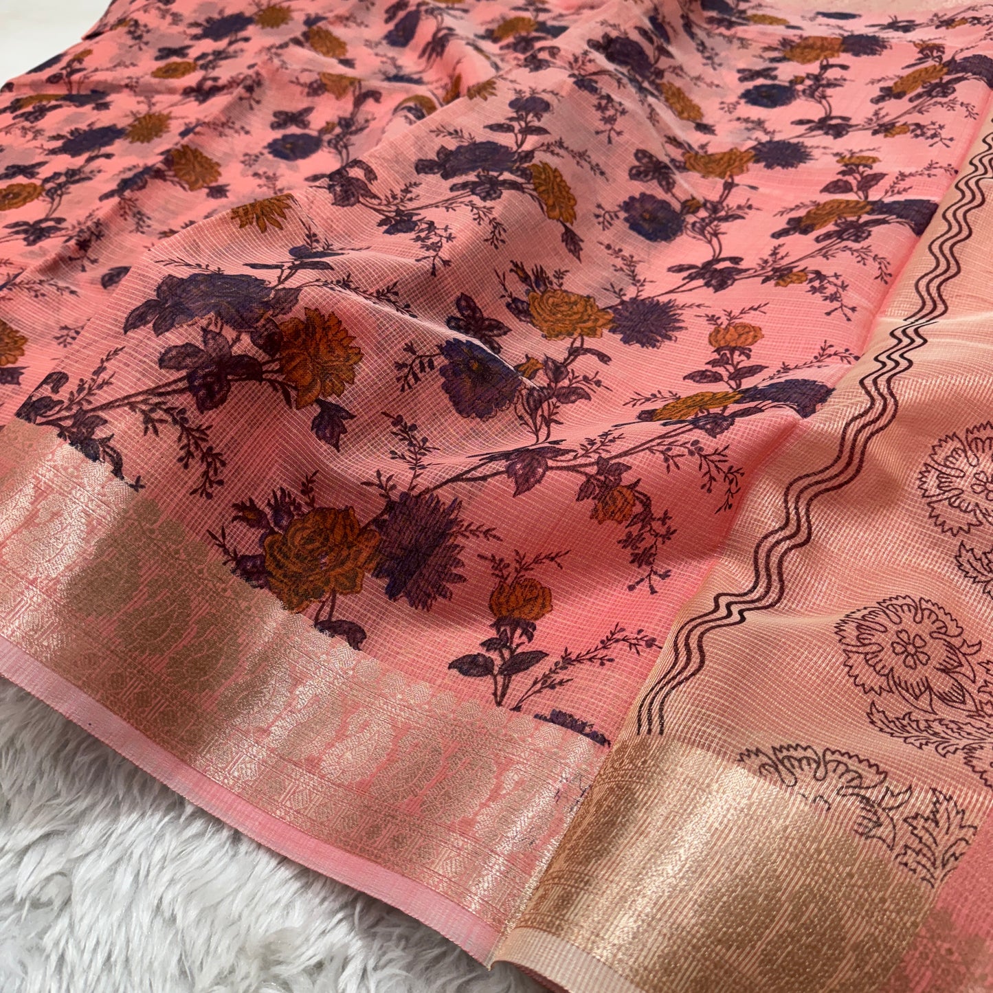 Banarasi Cotton Kota Check Printed Saree