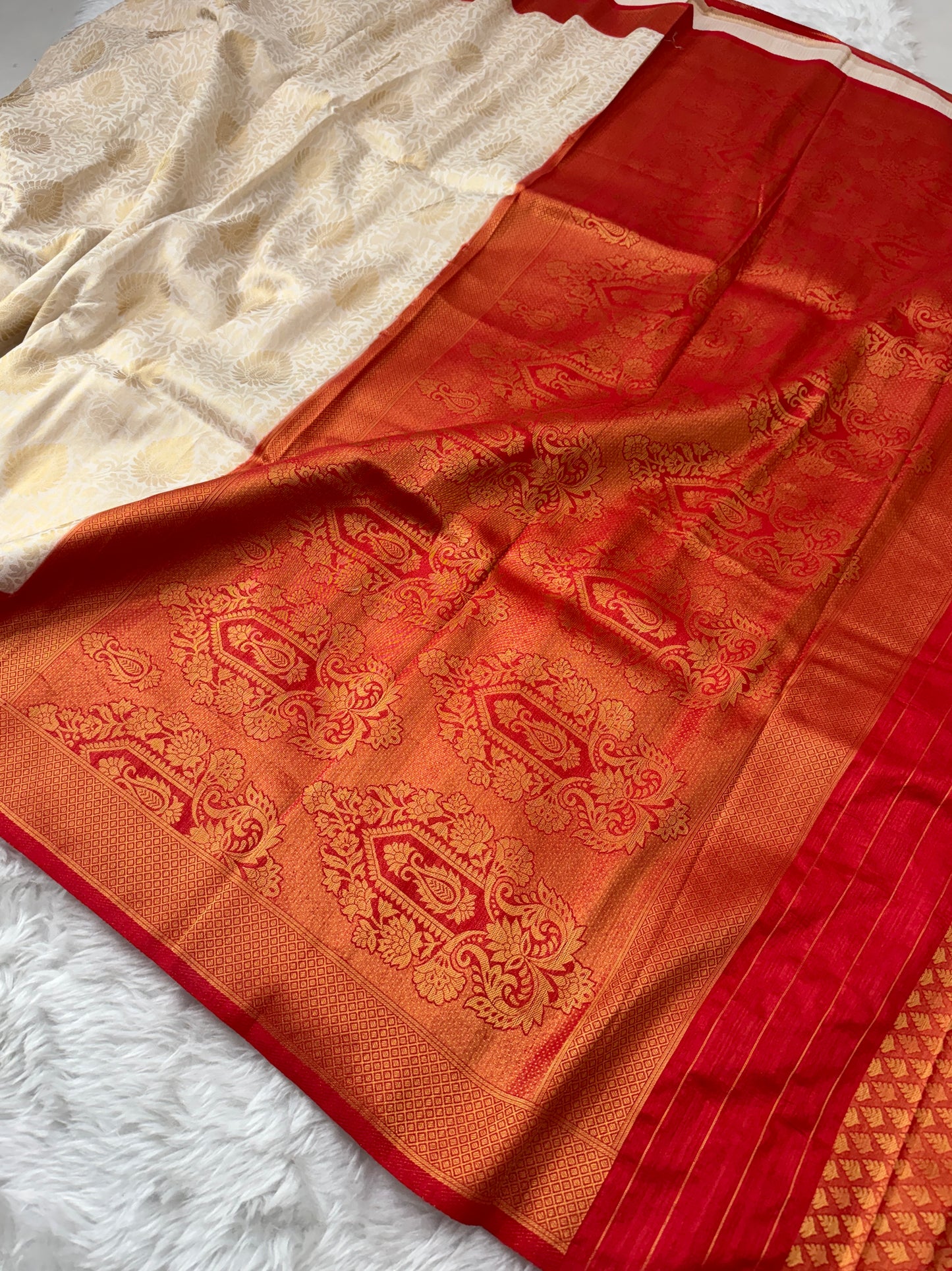Off White to Red Kanjivaram Soft Silk Saree