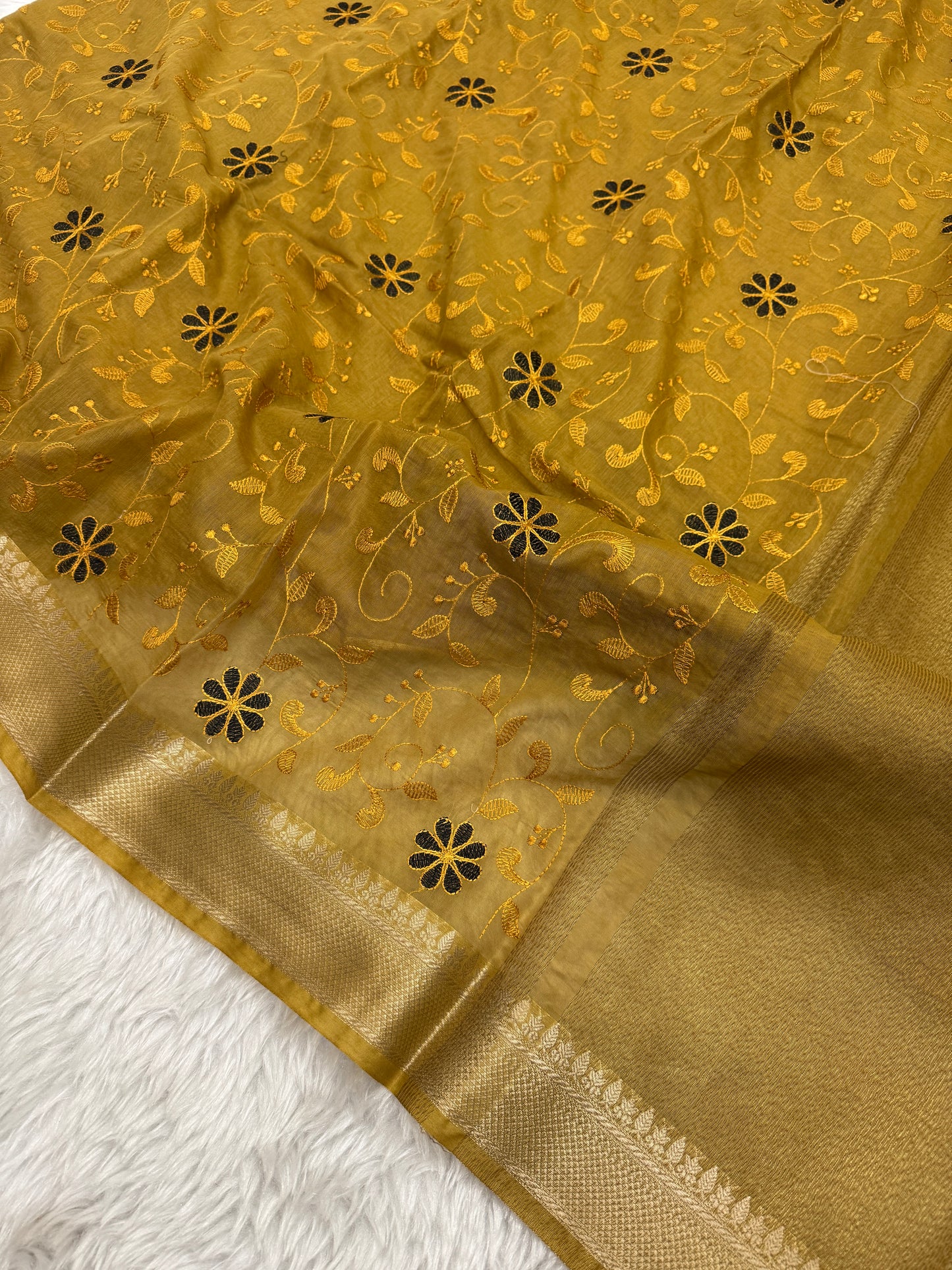 Mustard Yellow Mul Chanderi Chikankari Saree