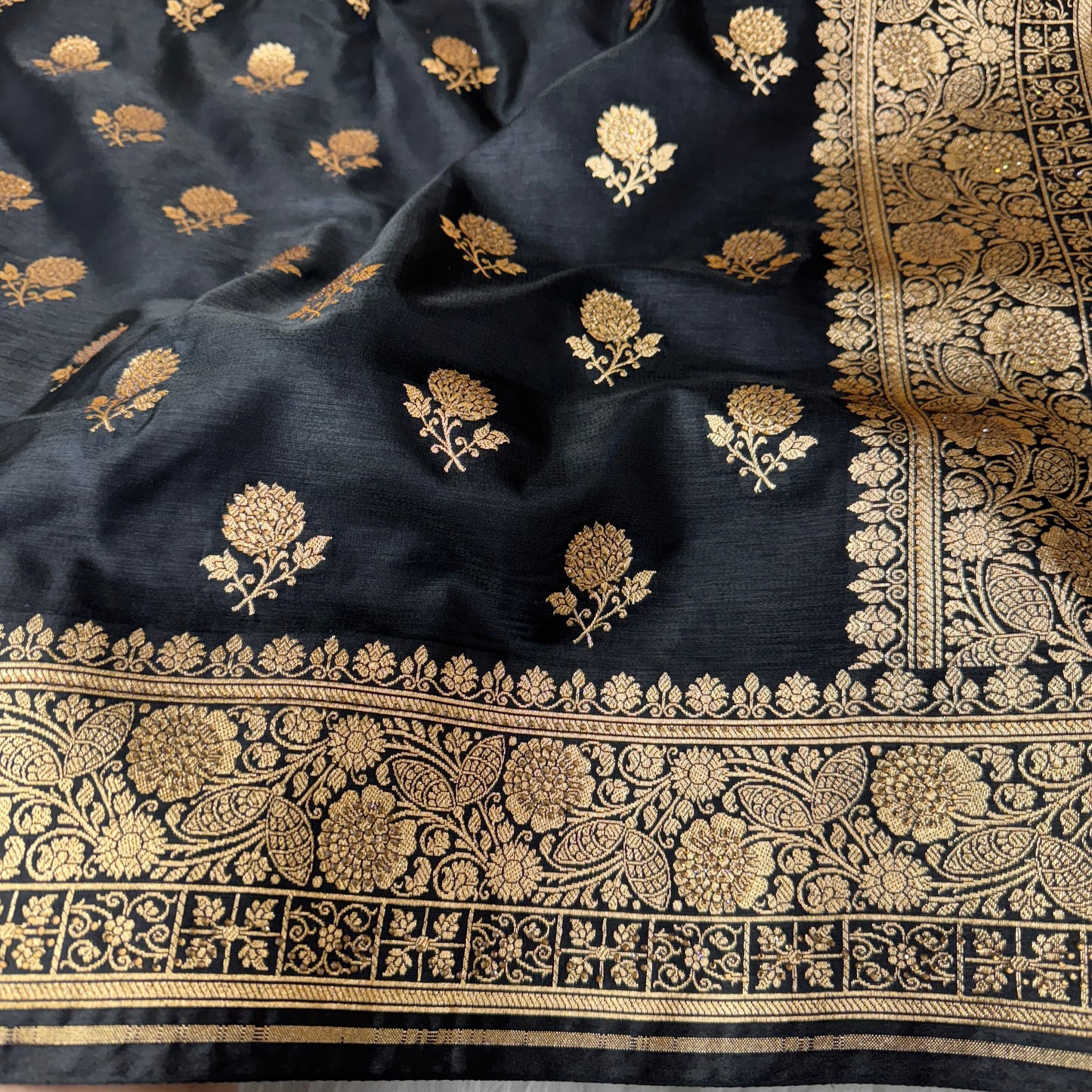 Black Banarasi Satin Silk Saree With Swarovski Work - BN61